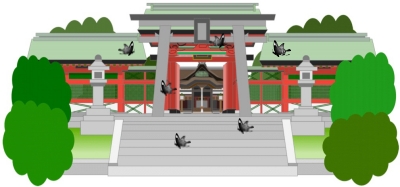 神社に黒い蝶がはばたいているイラスト