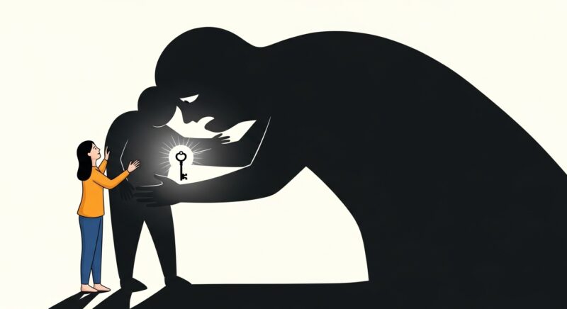 一人の人物が、自身の巨大な影(恐れの象徴)と対峙している。しかし、戦うのではなく、優しく手を差し伸べ、影を抱きしめようとしている。その愛に触れた影が、少しずつ光に変わり始め、その中心から輝く「光の鍵」が現れる。自己受容と内なる力の回復をテーマにした、感動的で象徴的なシーン。