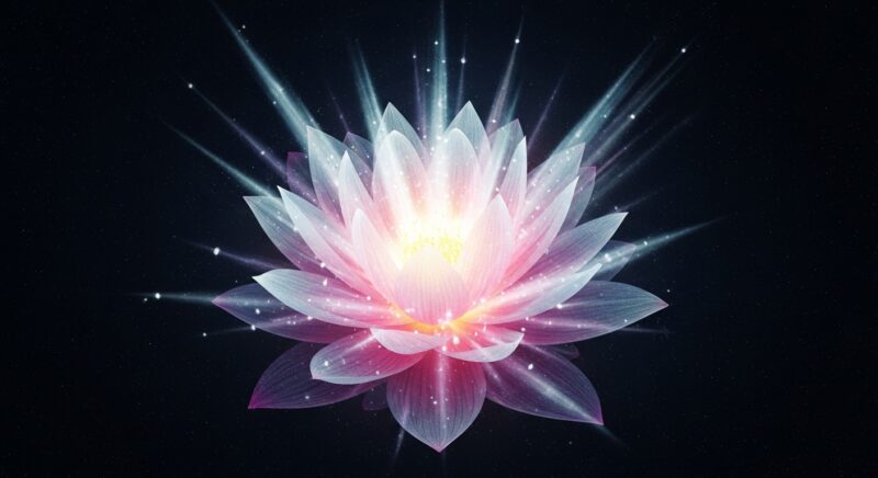 宇宙空間で、巨大な蓮の花が爆発的に咲き誇るようなイメージ